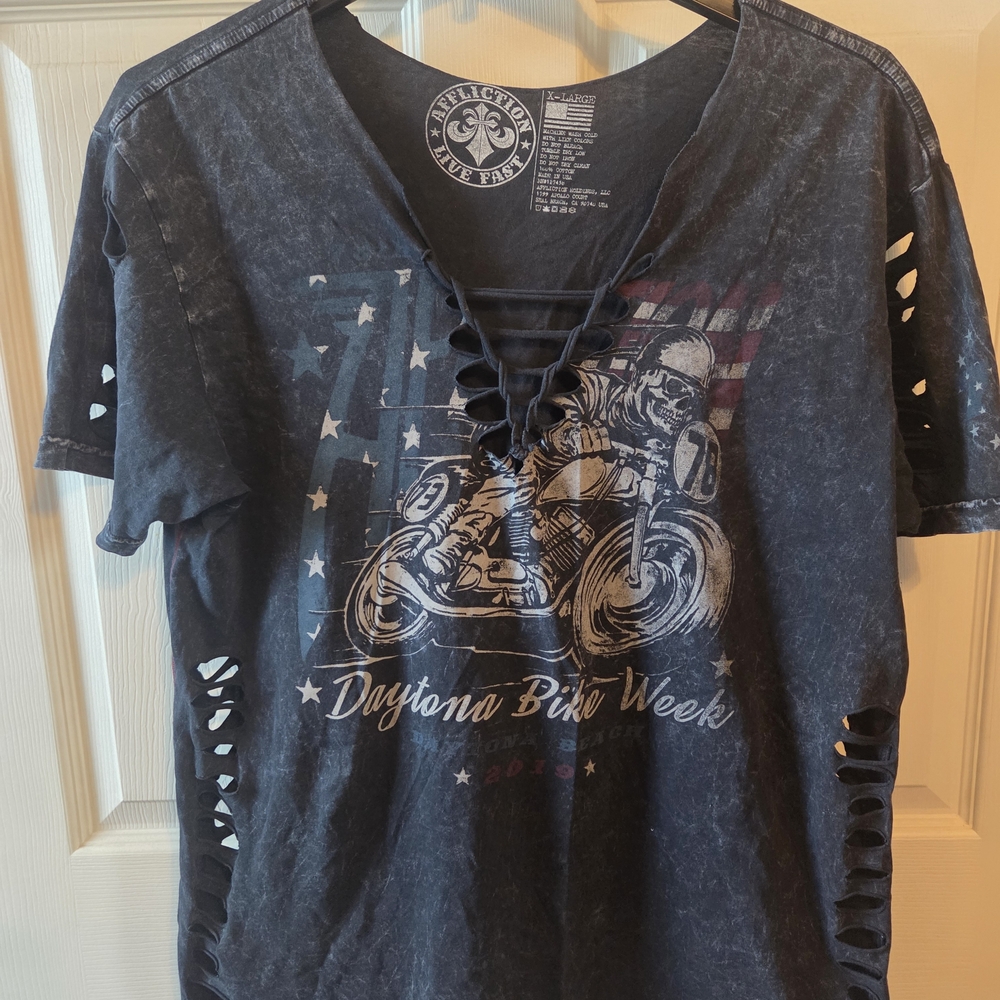 Affliction Black Graphic Tee with Lace-Up Detail